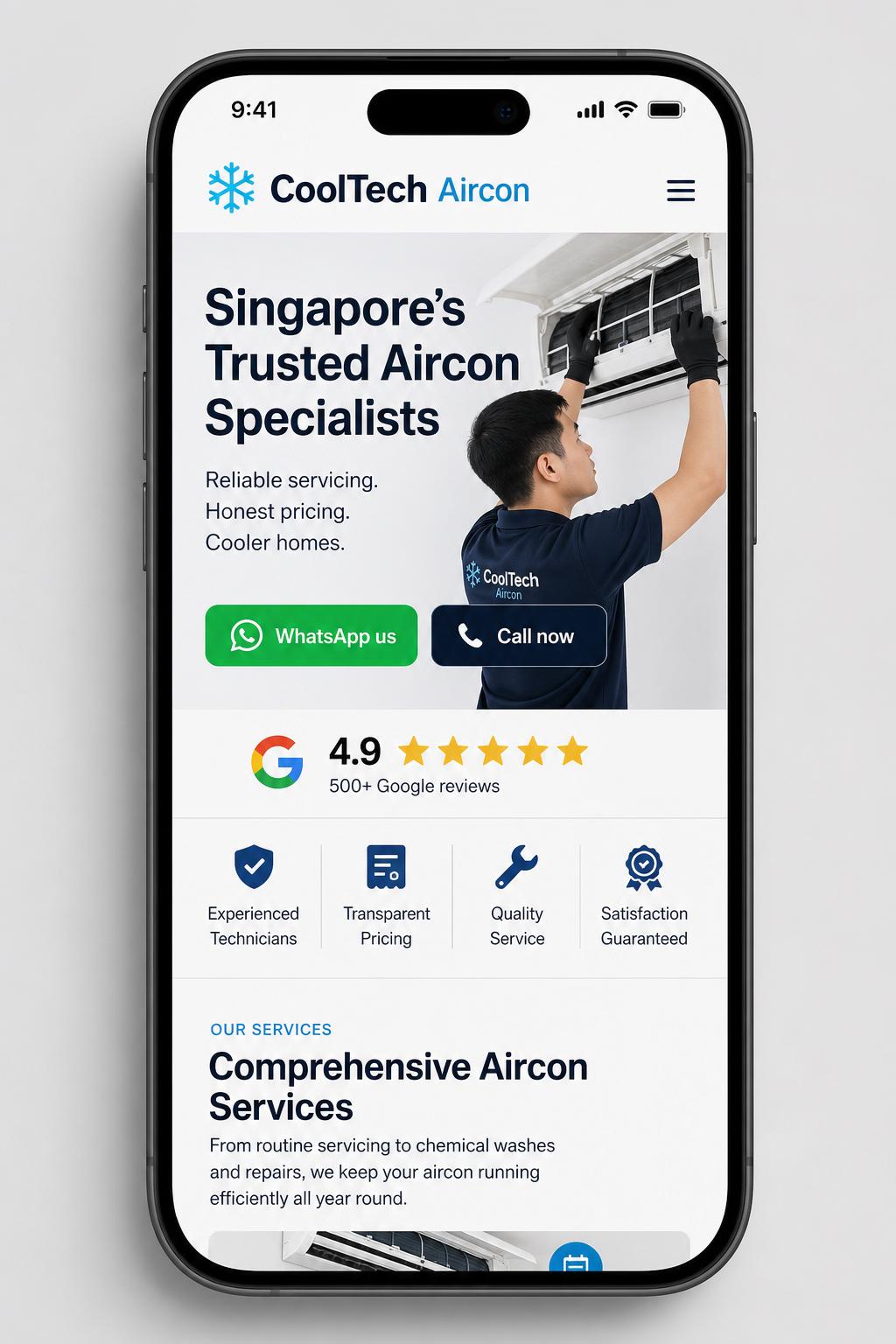 The same aircon business rebuilt: clean, fast, with WhatsApp and Call buttons and Google reviews