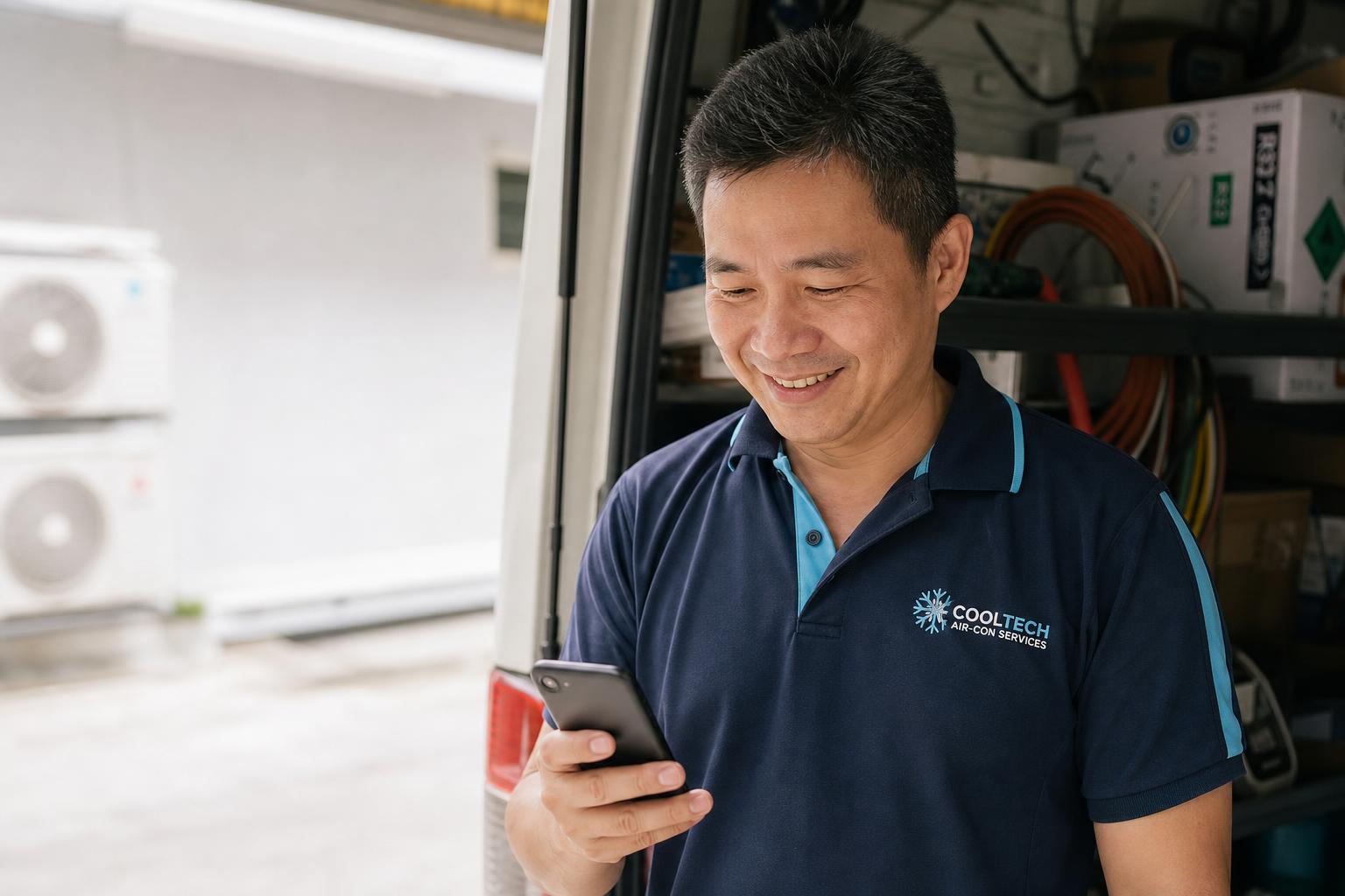 A smiling Singapore aircon servicing technician looking at his business website on a phone