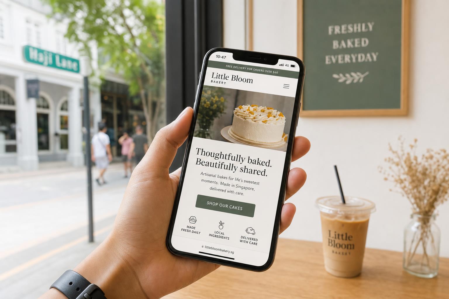 A clean, modern small-business website shown on a phone held in a Singapore cafe